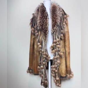 Real Fox and Rabbit Fur and Distressed Leather Tan Beige Jacket Coat Fringes